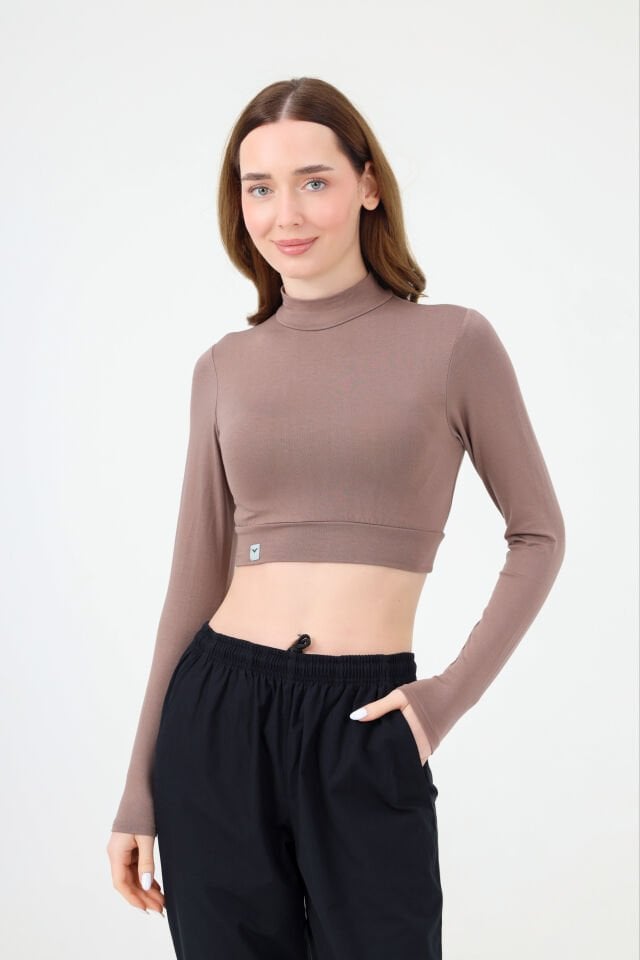 BALIKÇI YAKA CROP BODY KOYU VİZON