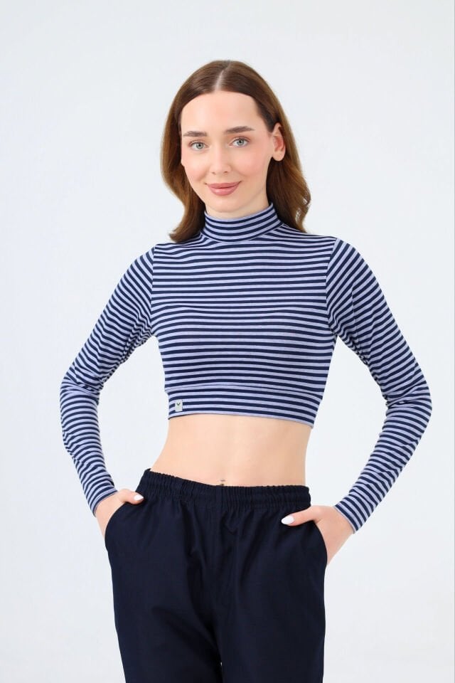 BALIKÇI YAKA ÇİZGİLİ CROP BODY GRİ LACİVERT