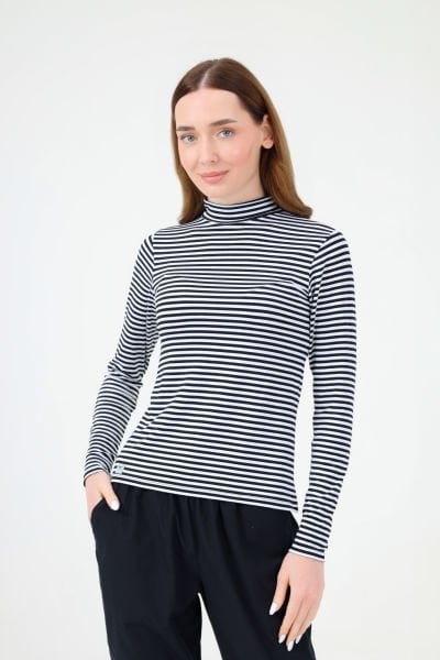 BALIKÇI YAKA ÇİZGİLİ BODY BEYAZ SİYAH