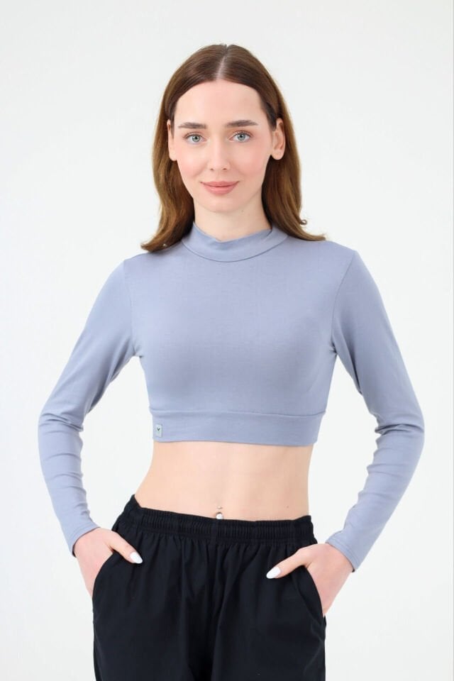 BALIKÇI YAKA CROP BODY GRİ