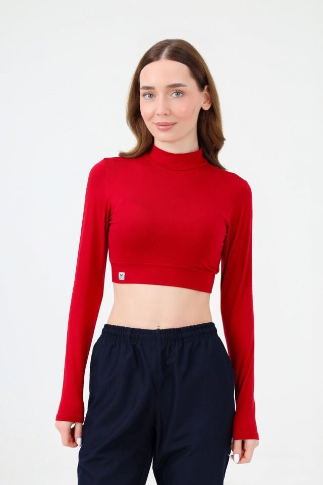 BALIKÇI YAKA CROP BODY KOYU KIRMIZI