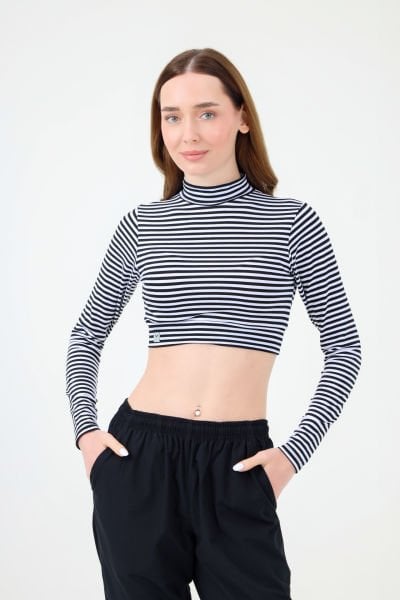 BALIKÇI YAKA ÇİZGİLİ CROP BODY BEYAZ SİYAH