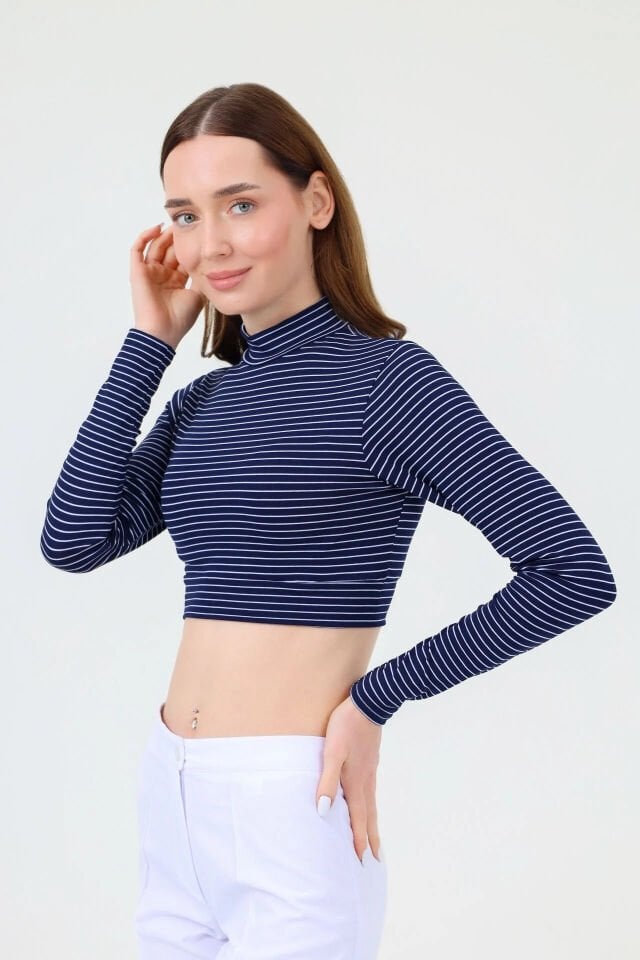 BALIKÇI YAKA ÇİZGİLİ CROP BODY LACİVERT BEYAZ