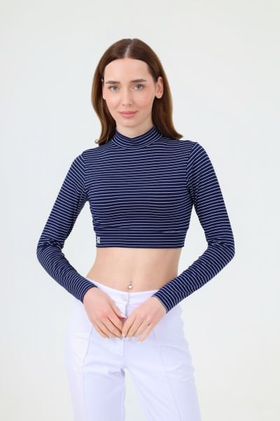 BALIKÇI YAKA ÇİZGİLİ CROP BODY LACİVERT BEYAZ