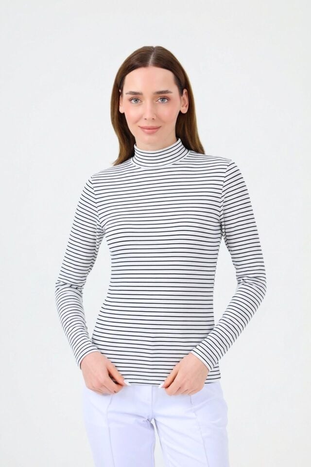 BALIKÇI YAKA ÇİZGİLİ BODY SİYAH