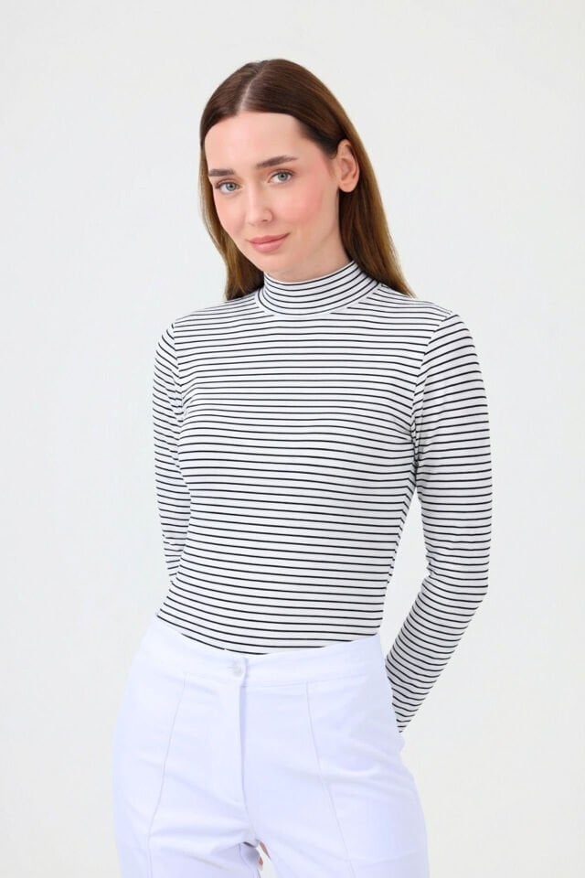 BALIKÇI YAKA ÇİZGİLİ BODY SİYAH