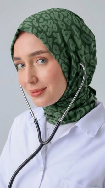STETOSKOP GİRİŞLİ LEOPAR DESEN CERRAHİ TESETTÜR BONE YEŞİL