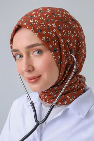 STETOSKOP GİRİŞLİ MİNİ ÇİÇEK DESEN CERRAHİ TESETTÜR BONE KİREMİT