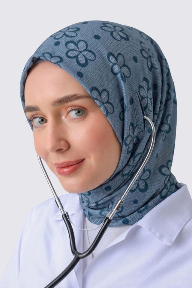 STETOSKOP GİRİŞLİ ÇİÇEK DESEN CERRAHİ TESETTÜR BONE PETROL MAVİSİ