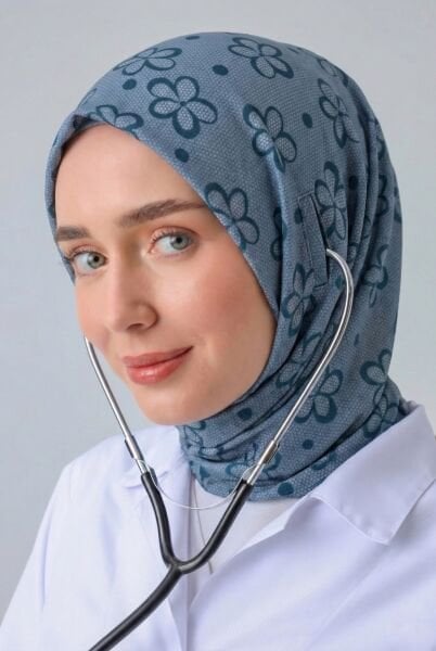 STETOSKOP GİRİŞLİ ÇİÇEK DESEN CERRAHİ TESETTÜR BONE PETROL MAVİSİ