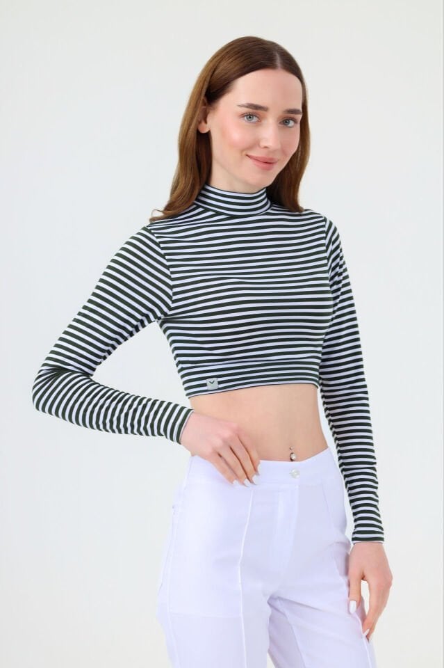 BALIKÇI YAKA ÇİZGİLİ CROP BODY YEŞİL BEYAZ