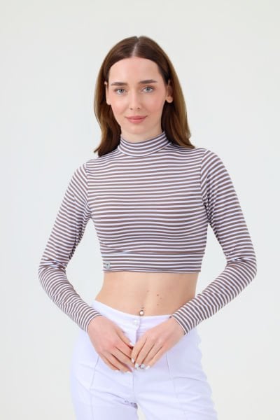 BALIKÇI YAKA ÇİZGİLİ CROP BODY VİZON BEYAZ