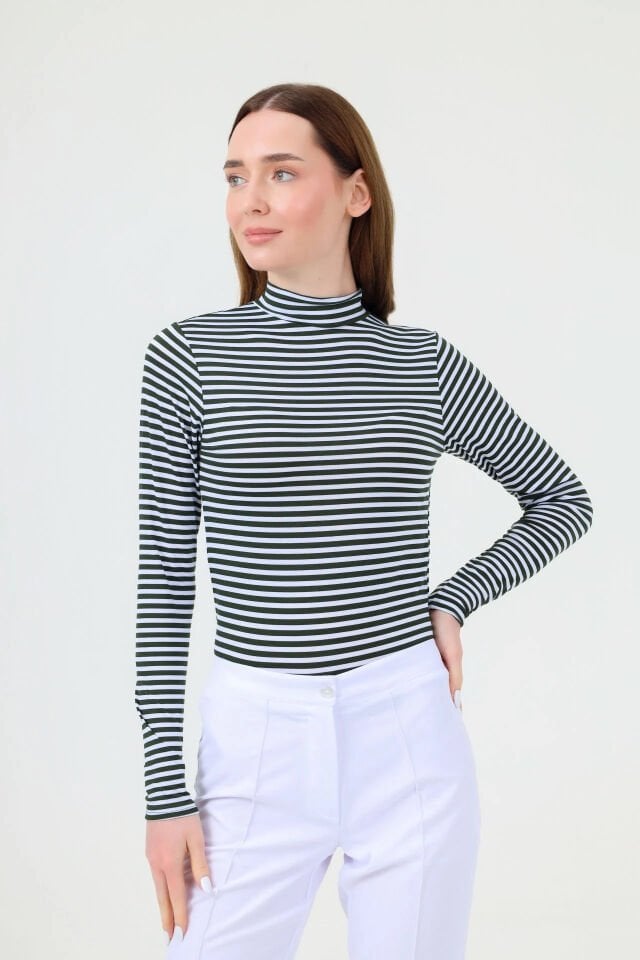 BALIKÇI YAKA ÇİZGİLİ BODY YEŞİL BEYAZ