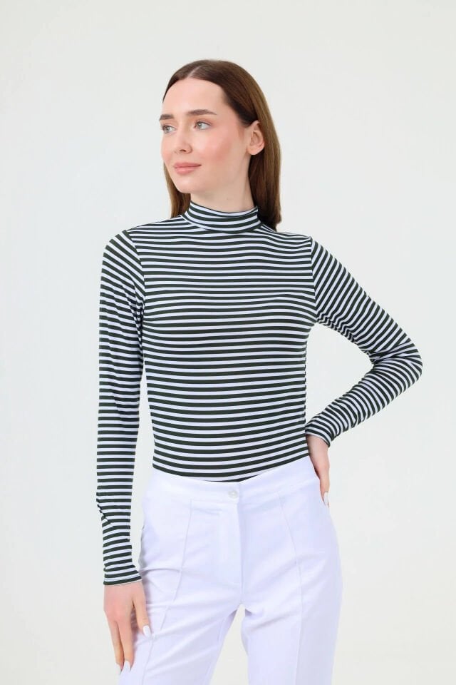 BALIKÇI YAKA ÇİZGİLİ BODY YEŞİL BEYAZ