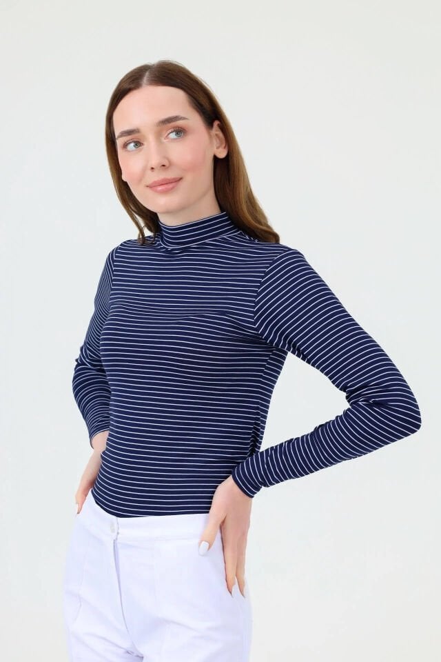 BALIKÇI YAKA ÇİZGİLİ BODY LACİVERT BEYAZ