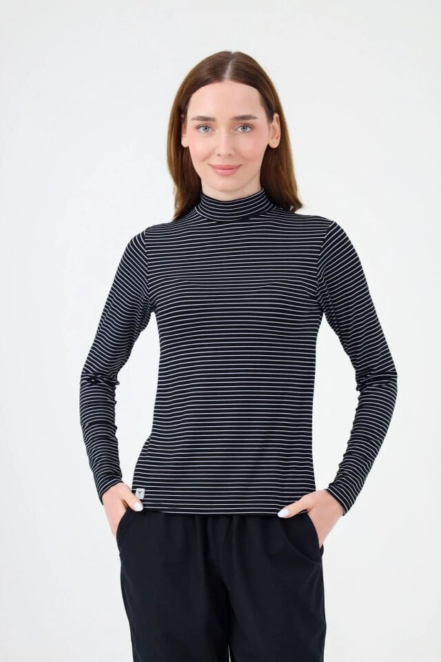 BALIKÇI YAKA ÇİZGİLİ BODY SİYAH BEYAZ