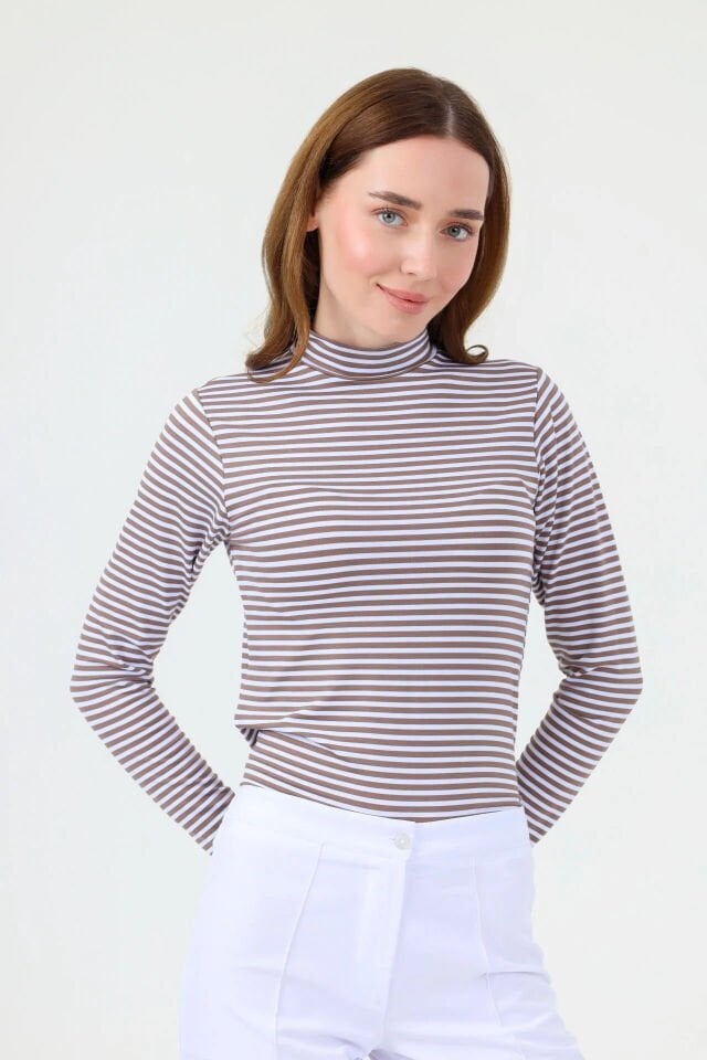 BALIKÇI YAKA ÇİZGİLİ BODY VİZON BEYAZ