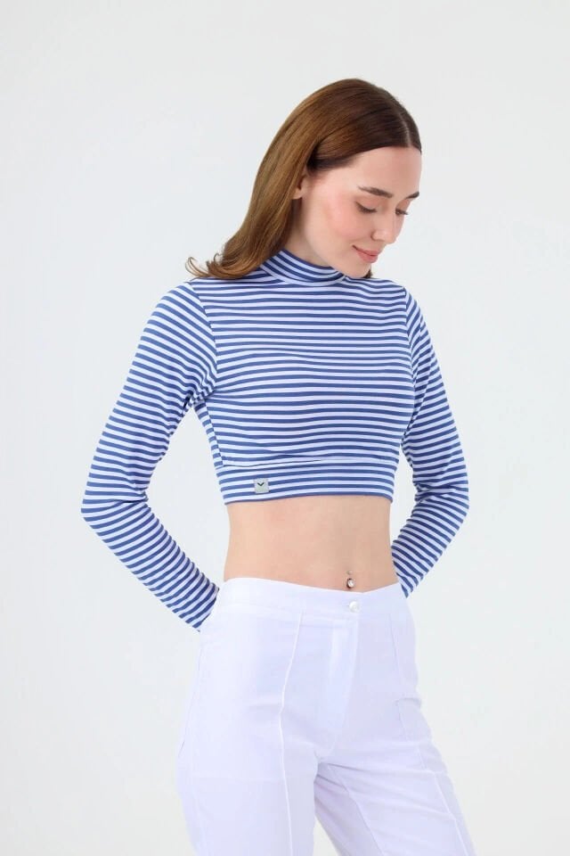 BALIKÇI YAKA ÇİZGİLİ CROP BODY İNDİGO BEYAZ