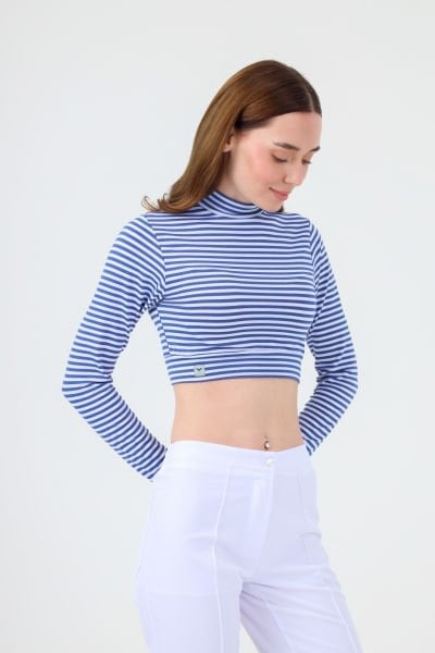 BALIKÇI YAKA ÇİZGİLİ CROP BODY İNDİGO BEYAZ