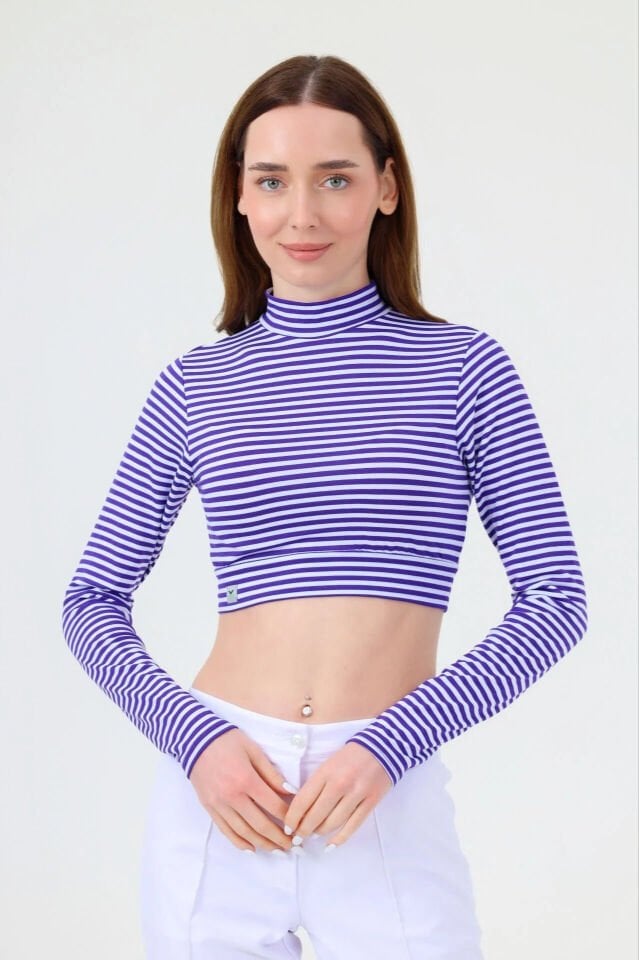 BALIKÇI YAKA ÇİZGİLİ CROP BODY MOR BEYAZ