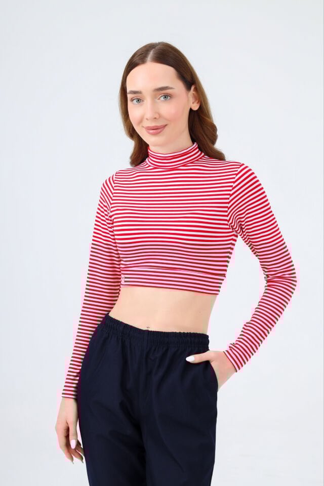 BALIKÇI YAKA ÇİZGİLİ CROP BODY KIRMIZI BEYAZ