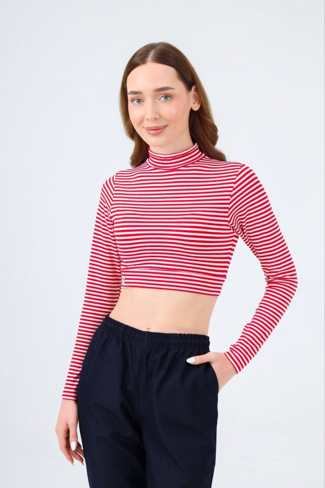 BALIKÇI YAKA ÇİZGİLİ CROP BODY KIRMIZI BEYAZ