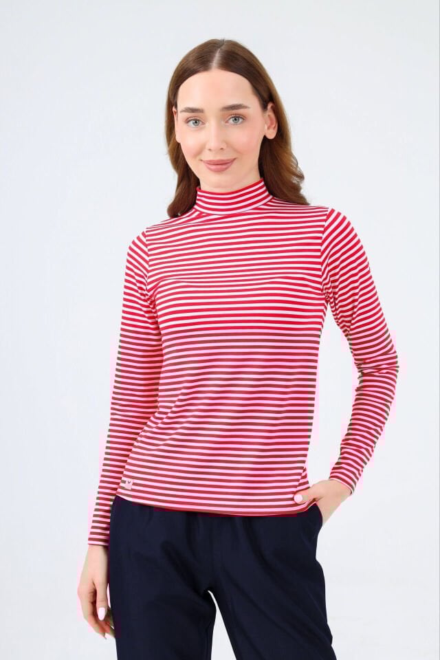 BALIKÇI YAKA ÇİZGİLİ BODY KIRMIZI BEYAZ