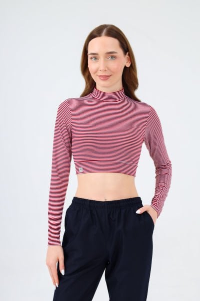 BALIKÇI YAKA ÇİZGİLİ CROP BODY BORDO BEYAZ
