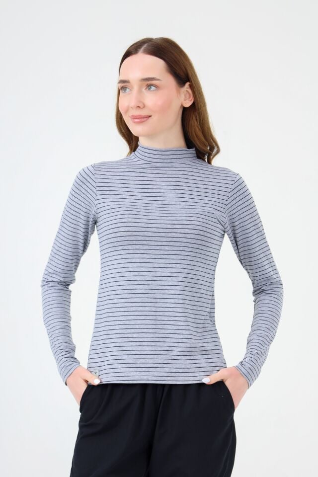 BALIKÇI YAKA ÇİZGİLİ BODY GRİ SİYAH