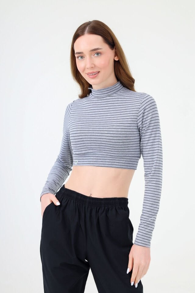BALIKÇI YAKA ÇİZGİLİ CROP BODY GRİ SİYAH